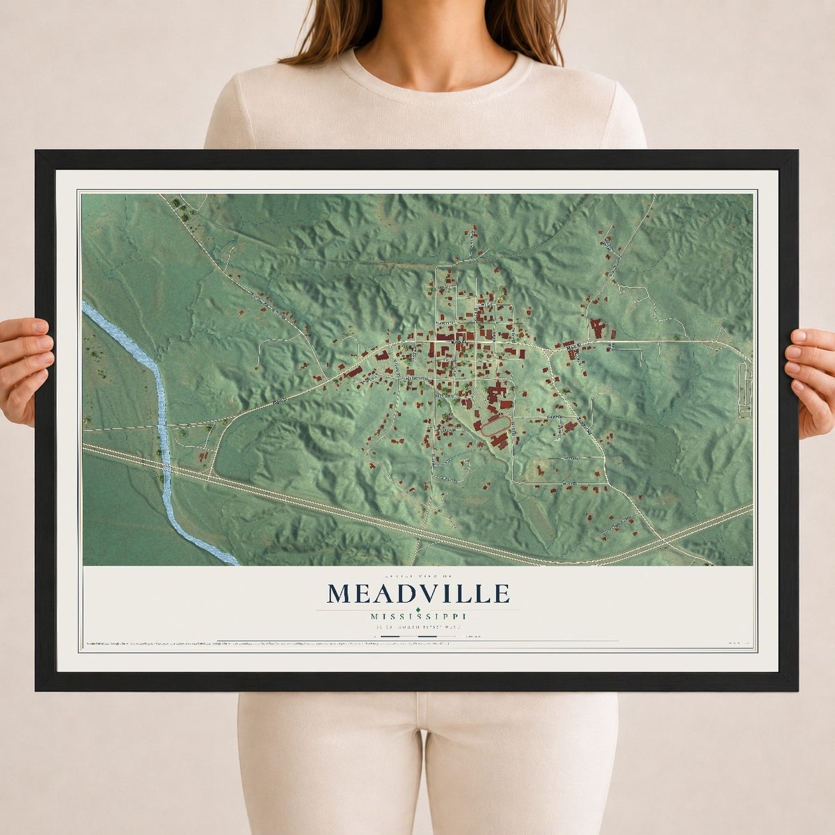 Map of Meadville, Mississippi, 18 x 24 inch print in a black wood frame
