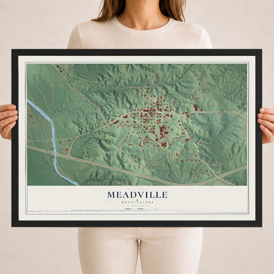 Map of Meadville, Mississippi, 18 x 24 inch print in a black wood frame