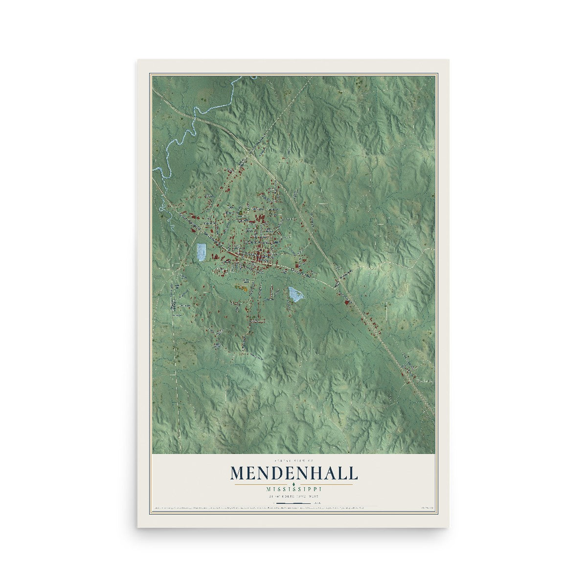 Map of Mendenhall, Mississippi, 12 x 18 inch unframed archival matte print