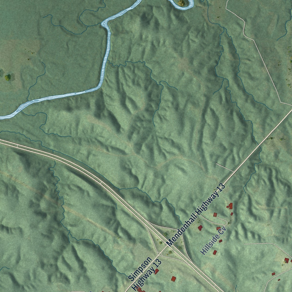Second close-up of the map of Mendenhall, Mississippi print showing more streets and buildings