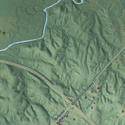 Second close-up of the map of Mendenhall, Mississippi print showing more streets and buildings