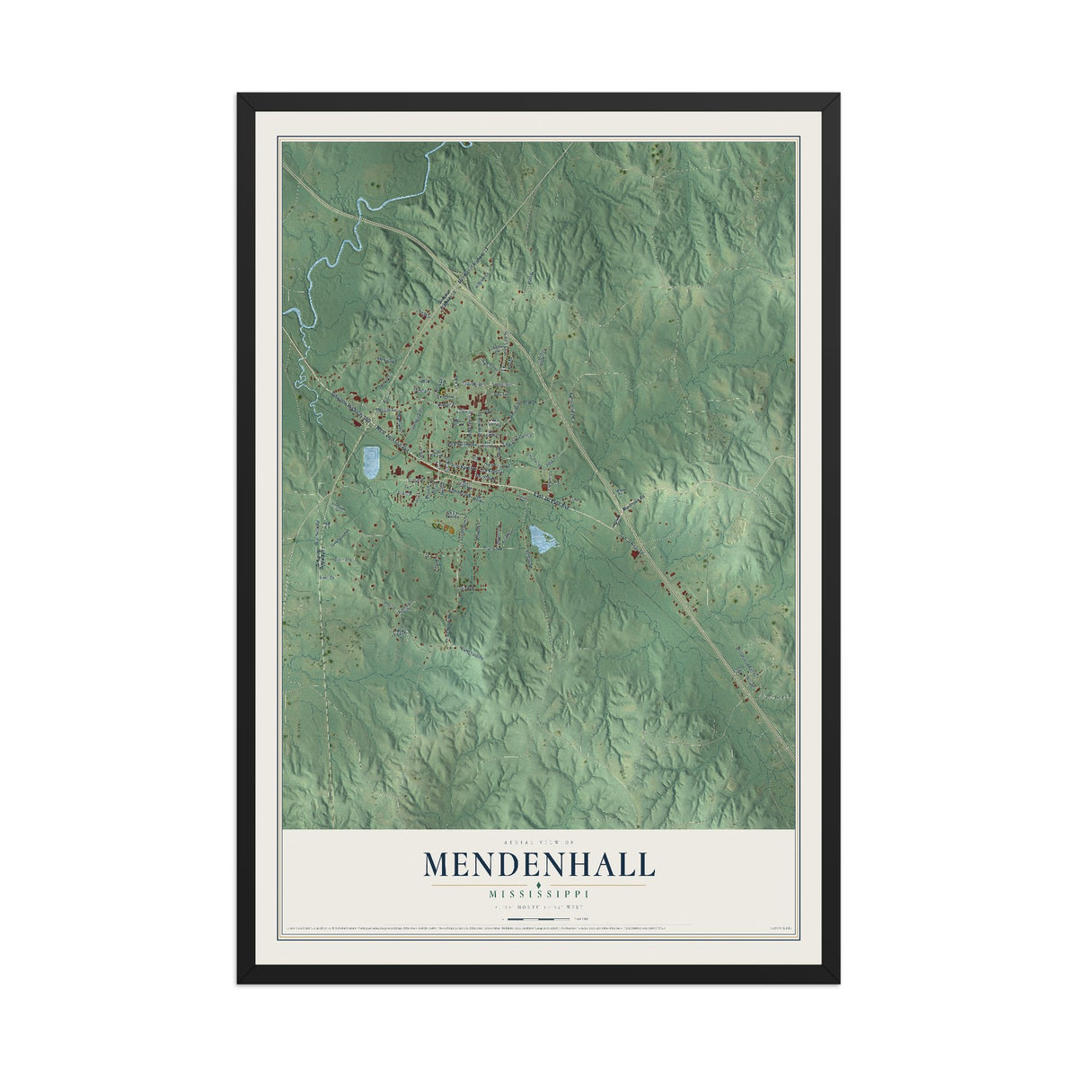 Map of Mendenhall, Mississippi, 12 x 18 inch print in a black wood frame