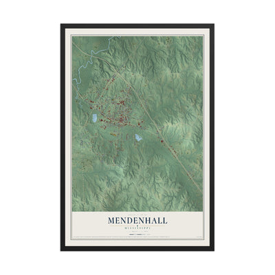 Map of Mendenhall, Mississippi, 12 x 18 inch print in a black wood frame