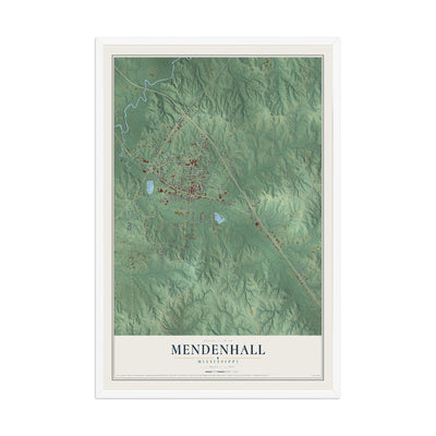 Map of Mendenhall, Mississippi, 12 x 18 inch print in a white wood frame