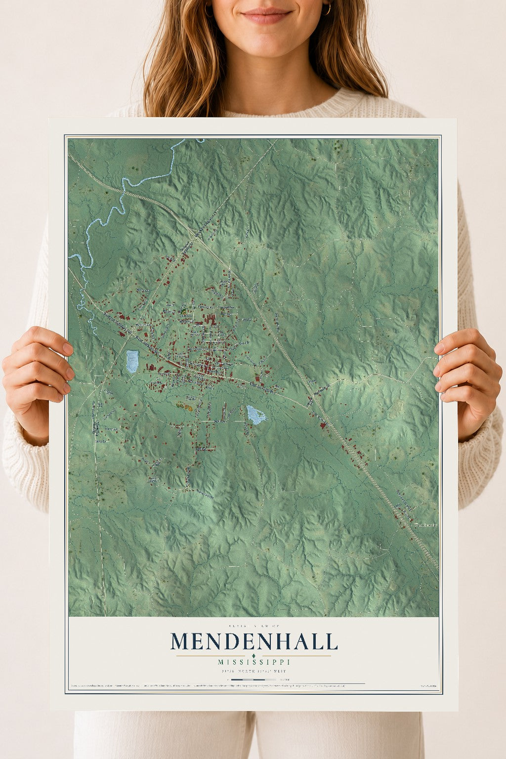 Map of Mendenhall, Mississippi, 18 x 24 inch unframed archival matte print