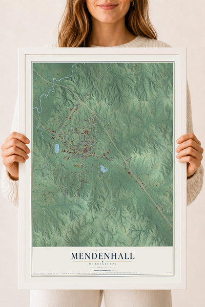 Map of Mendenhall, Mississippi, 18 x 24 inch print in a white wood frame