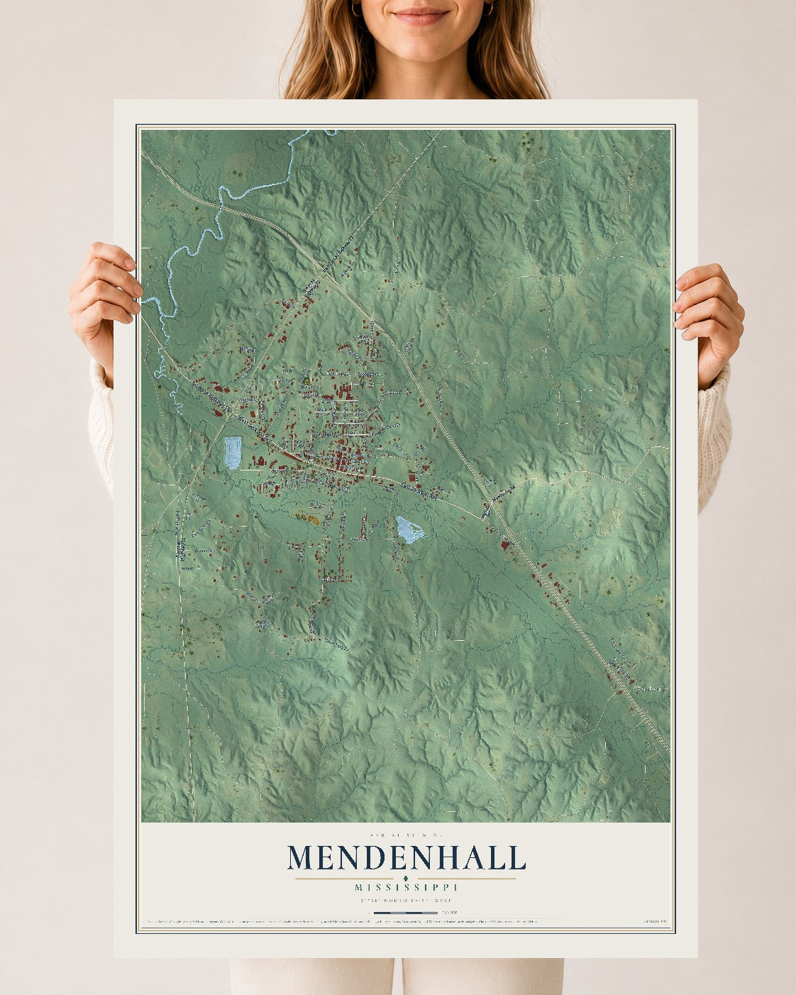 Map of Mendenhall, Mississippi, 24 x 36 inch unframed archival matte print