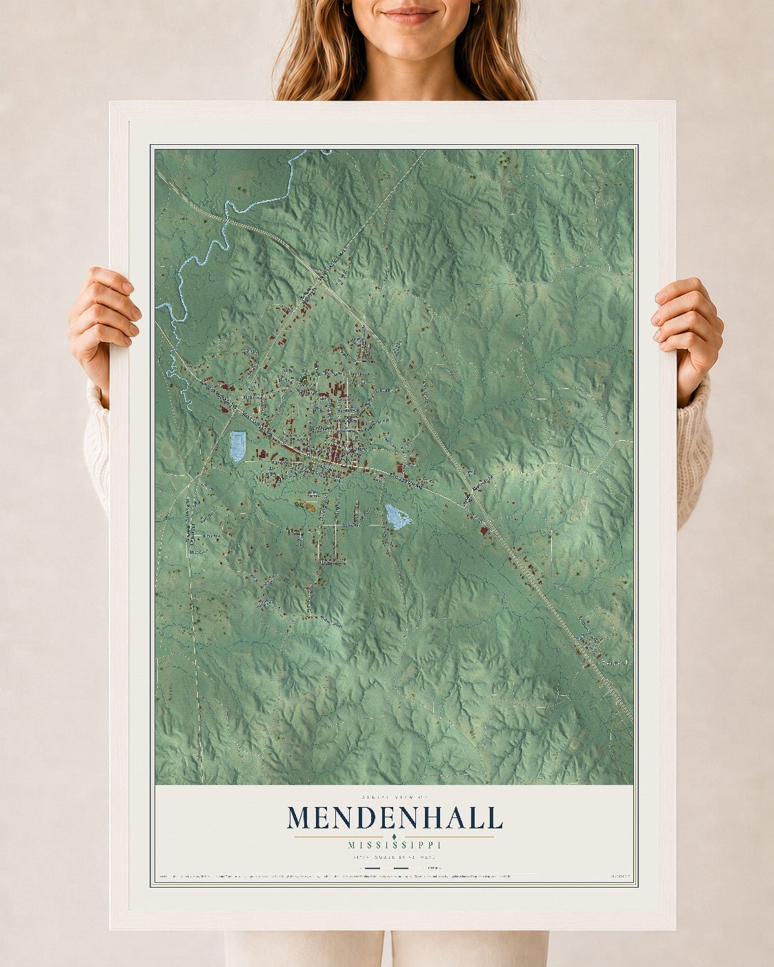 Map of Mendenhall, Mississippi, 24 x 36 inch print in a white wood frame