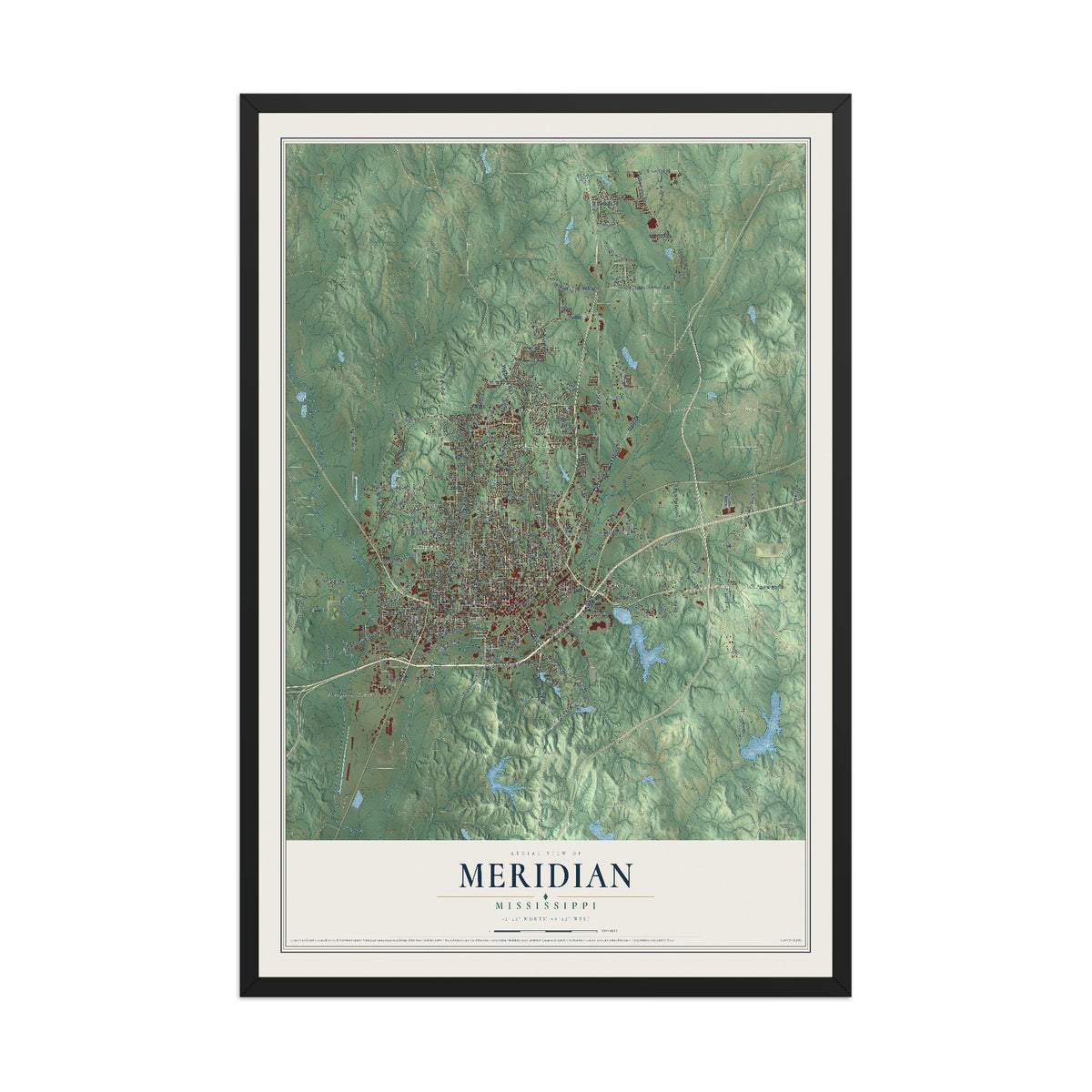 Map of Meridian, Mississippi, 12 x 18 inch print in a black wood frame