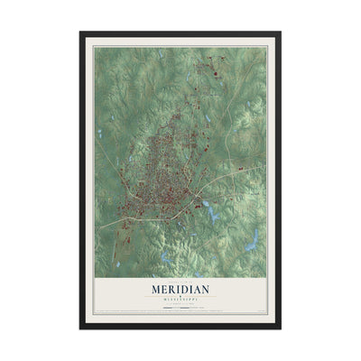Map of Meridian, Mississippi, 12 x 18 inch print in a black wood frame