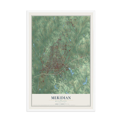 Map of Meridian, Mississippi, 12 x 18 inch print in a white wood frame