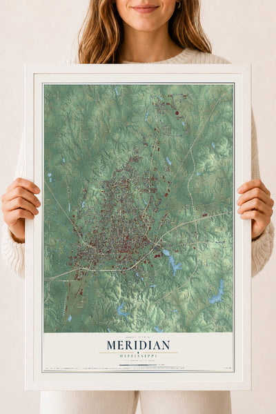 Map of Meridian, Mississippi, 18 x 24 inch print in a white wood frame