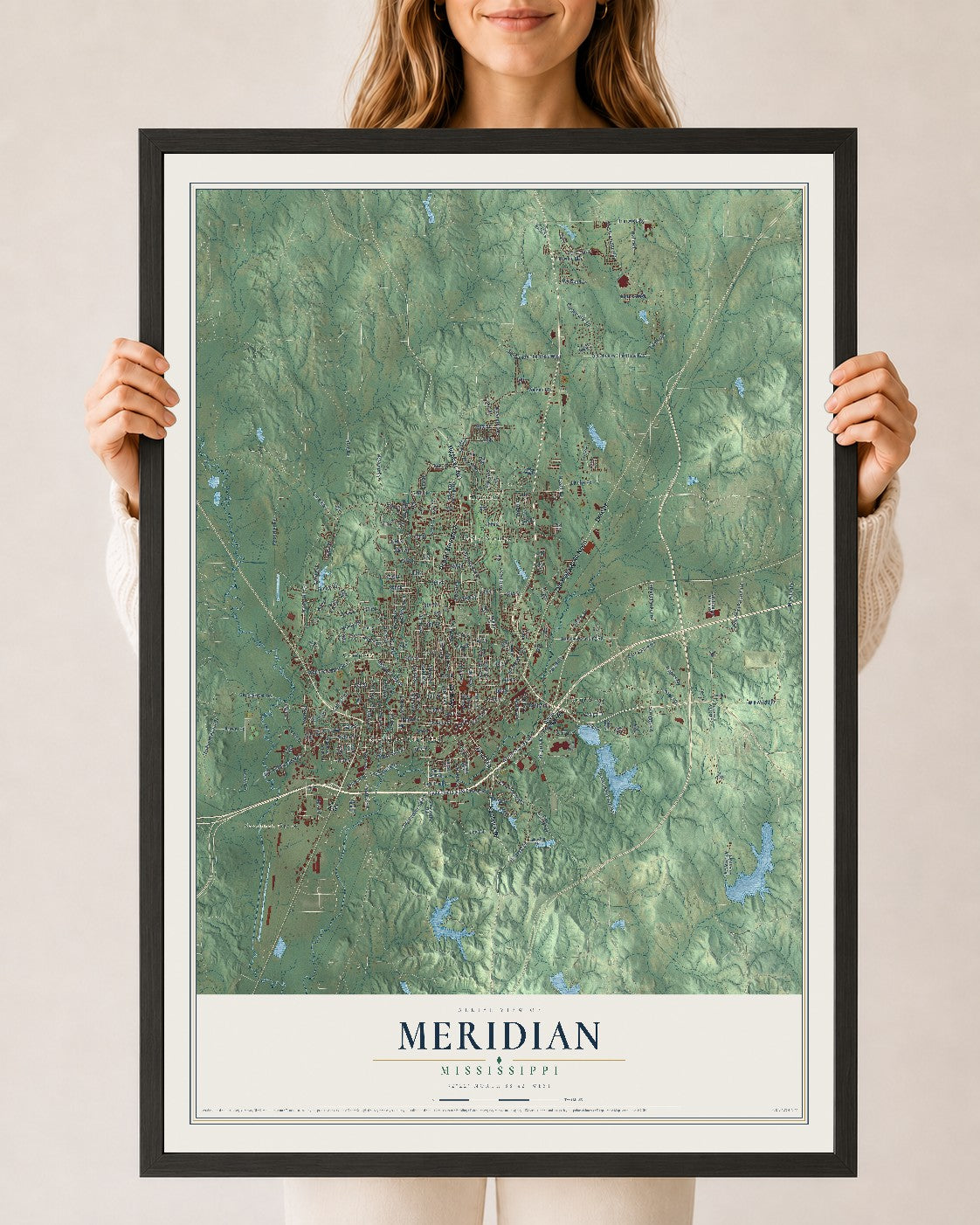 Map of Meridian, Mississippi, 24 x 36 inch print in a black wood frame