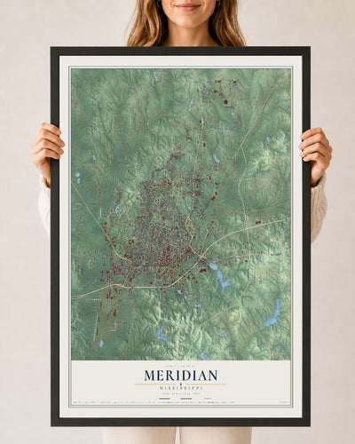Map of Meridian, Mississippi, 24 x 36 inch print in a black wood frame