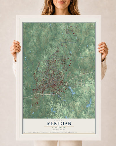 Map of Meridian, Mississippi, 24 x 36 inch print in a white wood frame