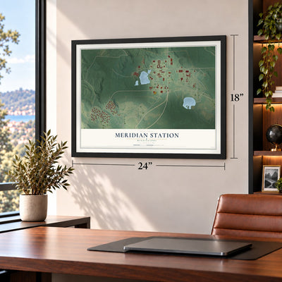 Meridian Station, Mississippi map, 18 x 24 inch print in a black frame in a home office