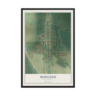Map of Merigold, Mississippi, 12 x 18 inch print in a black wood frame