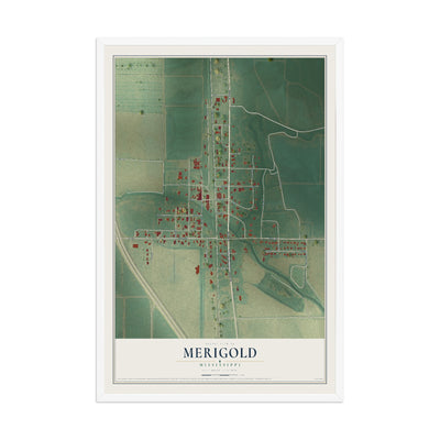 Map of Merigold, Mississippi, 12 x 18 inch print in a white wood frame