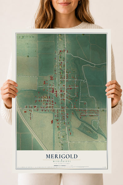 Map of Merigold, Mississippi, 18 x 24 inch unframed archival matte print