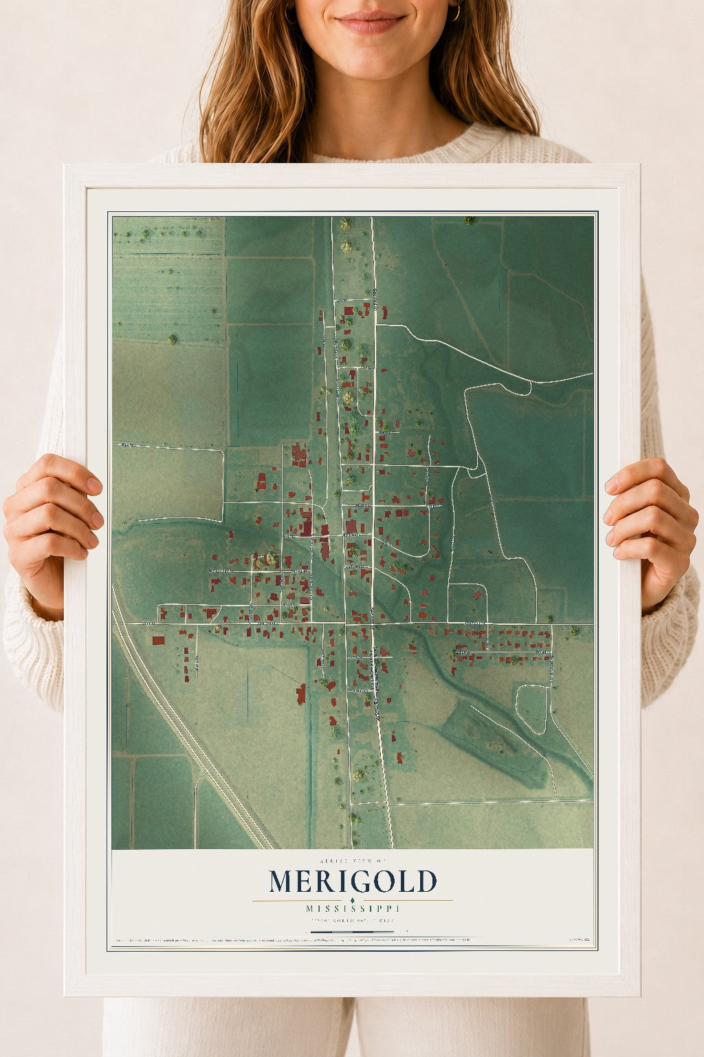 Map of Merigold, Mississippi, 18 x 24 inch print in a white wood frame