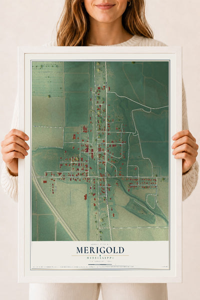 Map of Merigold, Mississippi, 18 x 24 inch print in a white wood frame