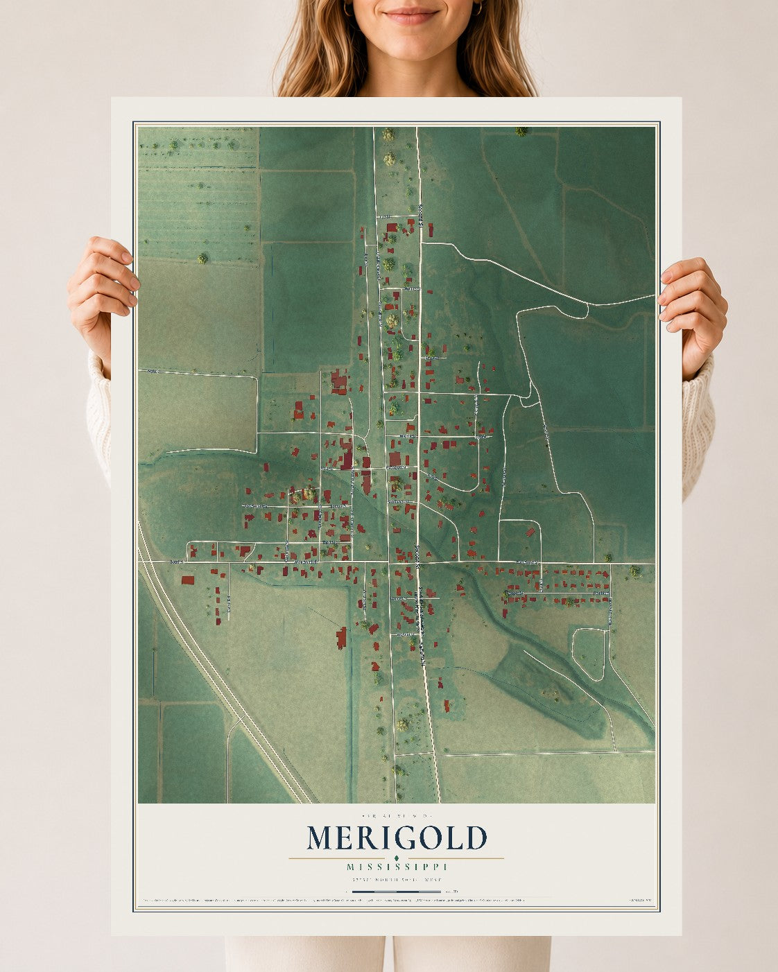 Map of Merigold, Mississippi, 24 x 36 inch unframed archival matte print