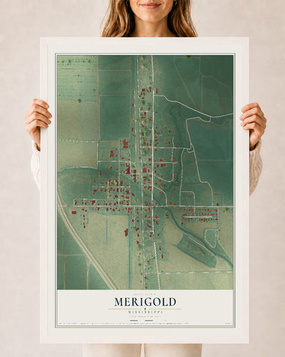 Map of Merigold, Mississippi, 24 x 36 inch print in a white wood frame