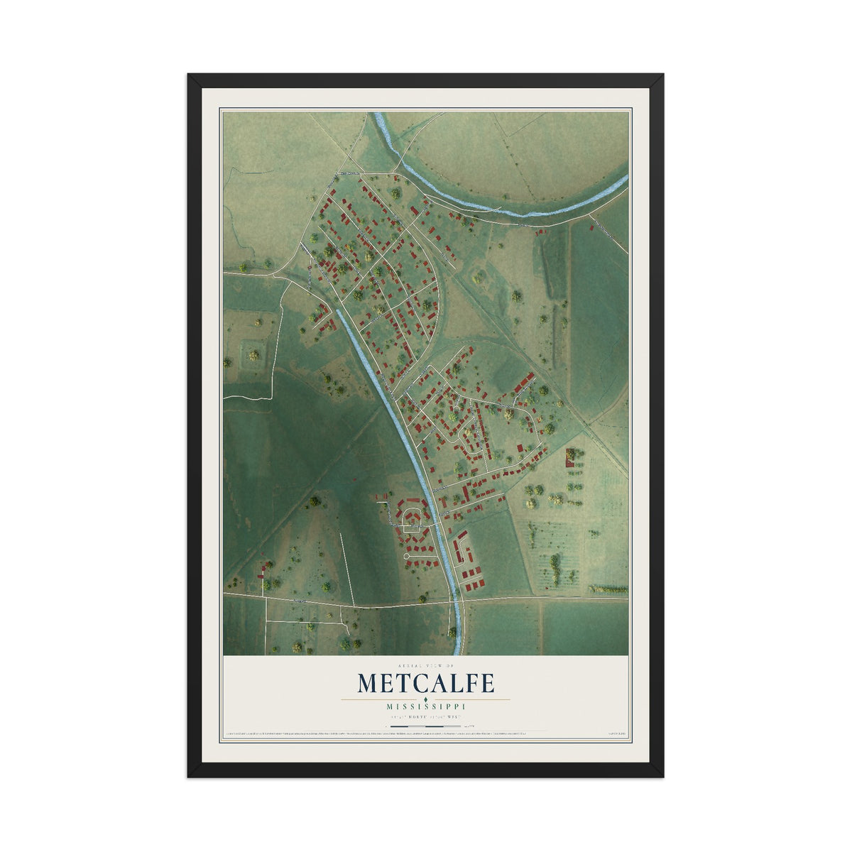 Map of Metcalfe, Mississippi, 12 x 18 inch print in a black wood frame