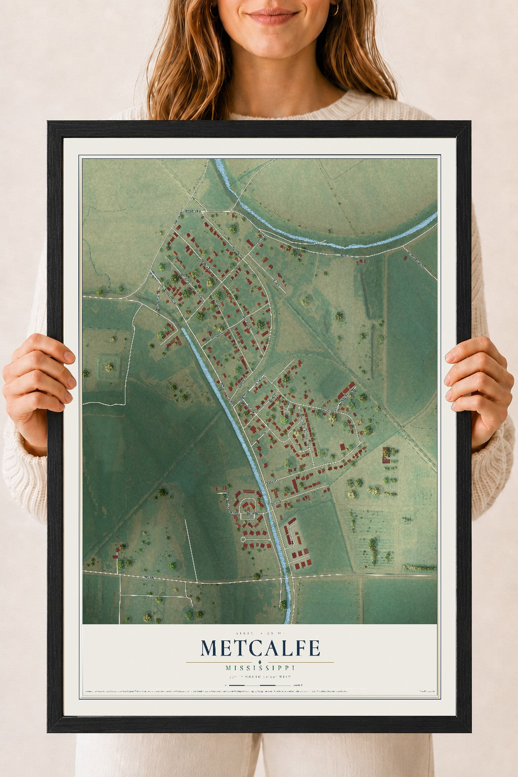 Map of Metcalfe, Mississippi, 18 x 24 inch print in a black wood frame