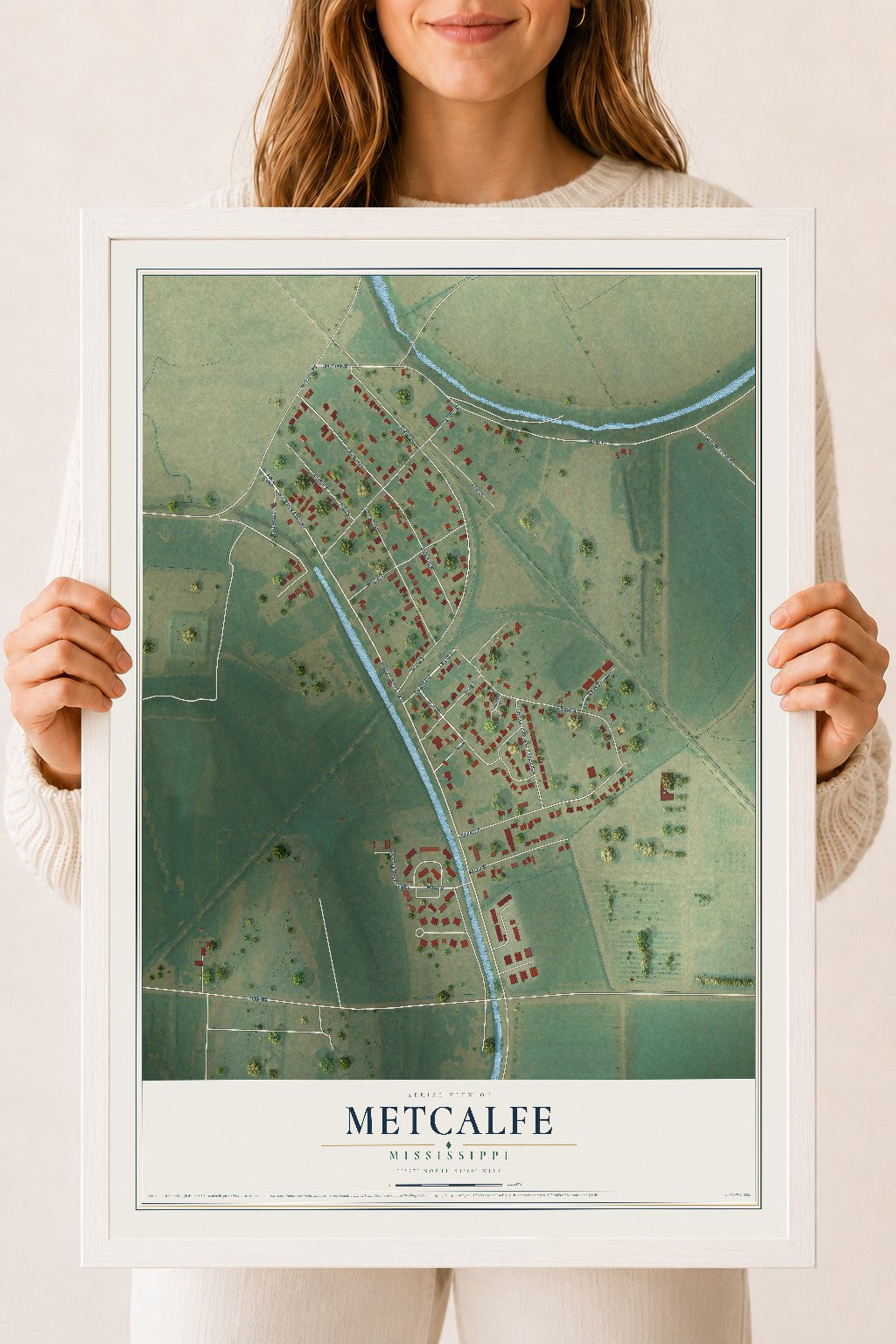 Map of Metcalfe, Mississippi, 18 x 24 inch print in a white wood frame