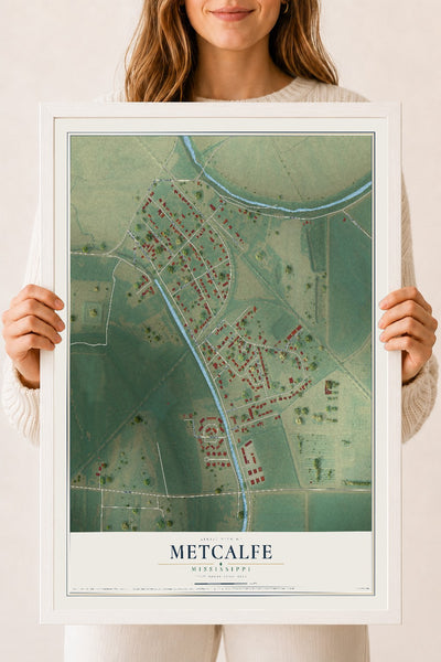 Map of Metcalfe, Mississippi, 18 x 24 inch print in a white wood frame