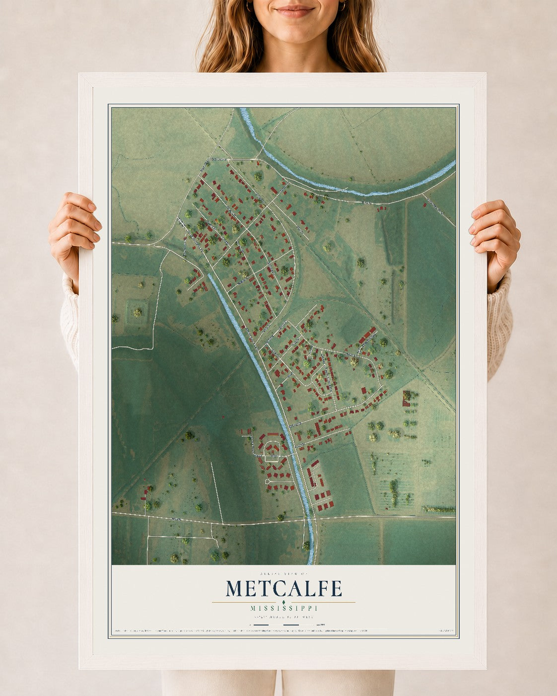 Map of Metcalfe, Mississippi, 24 x 36 inch print in a white wood frame