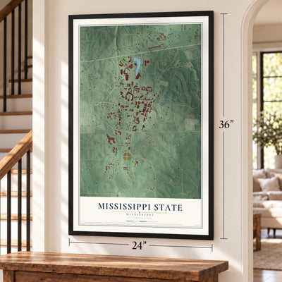 Mississippi State, Mississippi map, 24 x 36 inch print in a black frame by a staircase