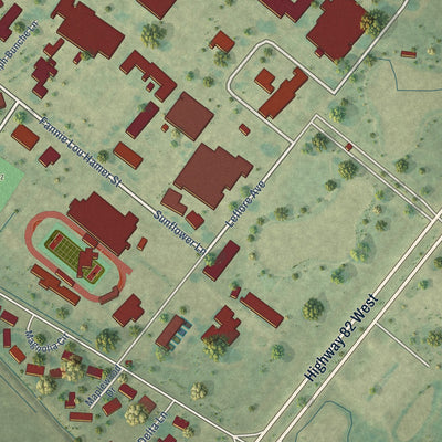 Close-up of the map of Mississippi Valley State University, Mississippi print showing street and building detail