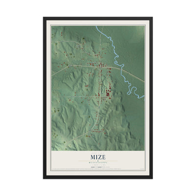 Map of Mize, Mississippi, 12 x 18 inch print in a black wood frame