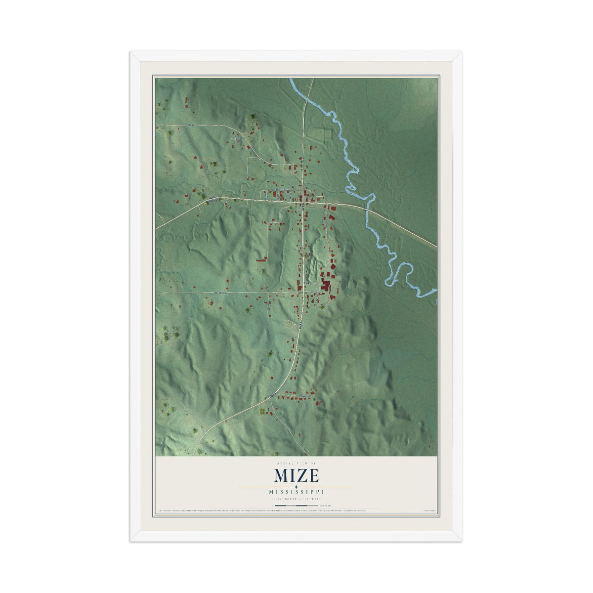 Map of Mize, Mississippi, 12 x 18 inch print in a white wood frame