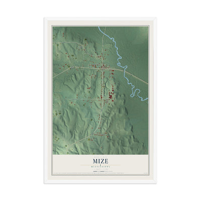 Map of Mize, Mississippi, 12 x 18 inch print in a white wood frame