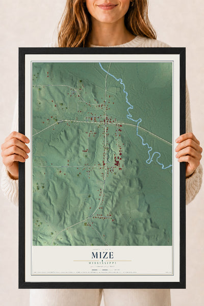 Map of Mize, Mississippi, 18 x 24 inch print in a black wood frame