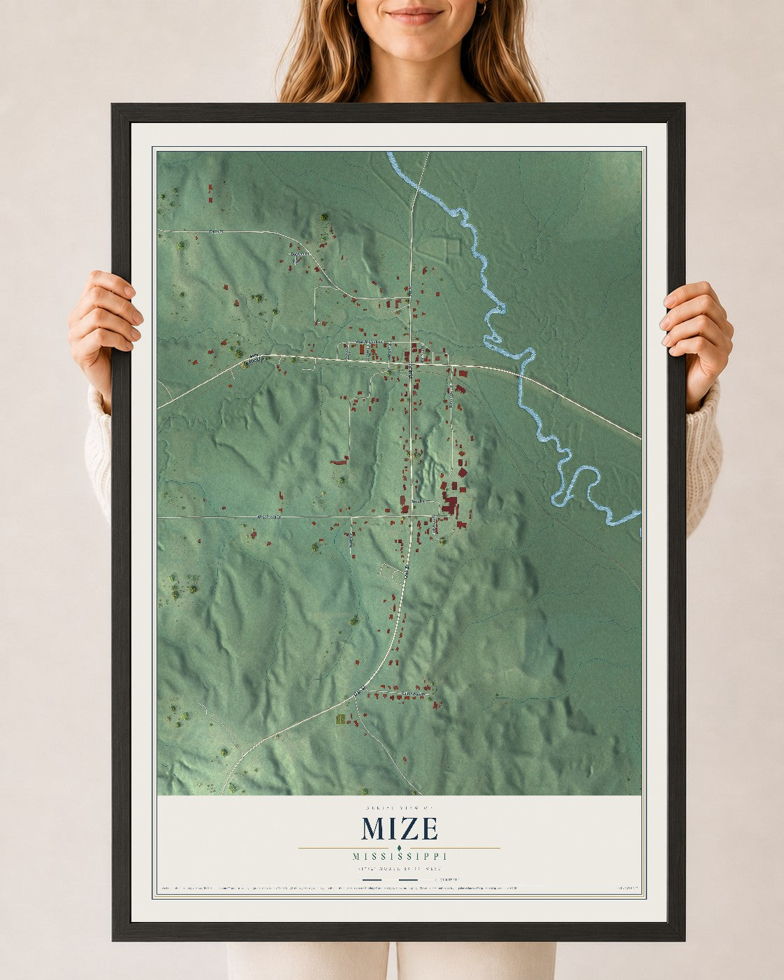 Map of Mize, Mississippi, 24 x 36 inch print in a black wood frame