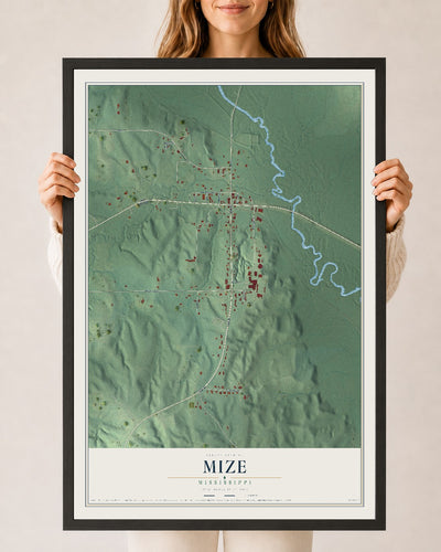 Map of Mize, Mississippi, 24 x 36 inch print in a black wood frame