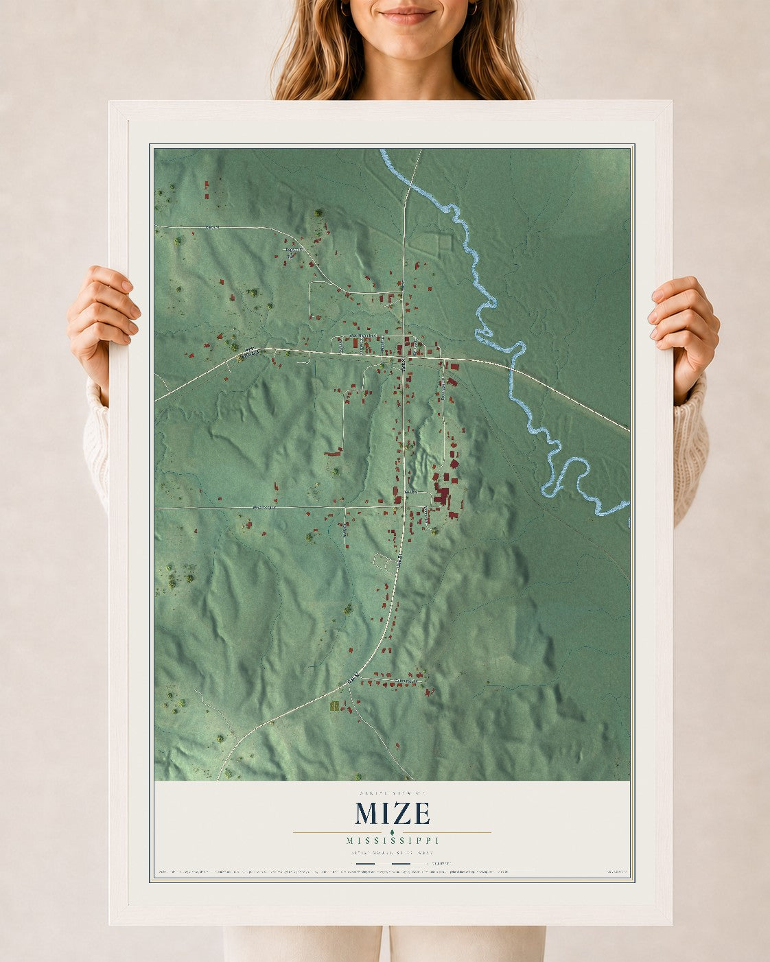 Map of Mize, Mississippi, 24 x 36 inch print in a white wood frame