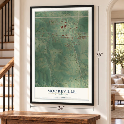 Mooreville, Mississippi map, 24 x 36 inch print in a black frame by a staircase