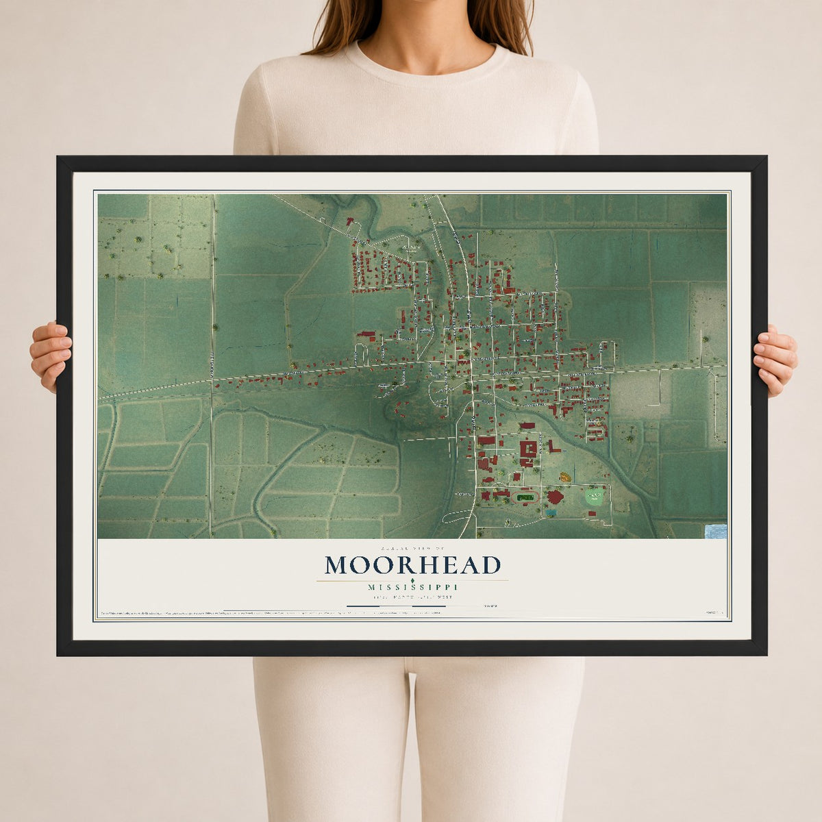 Map of Moorhead, Mississippi, 24 x 36 inch print in a black wood frame