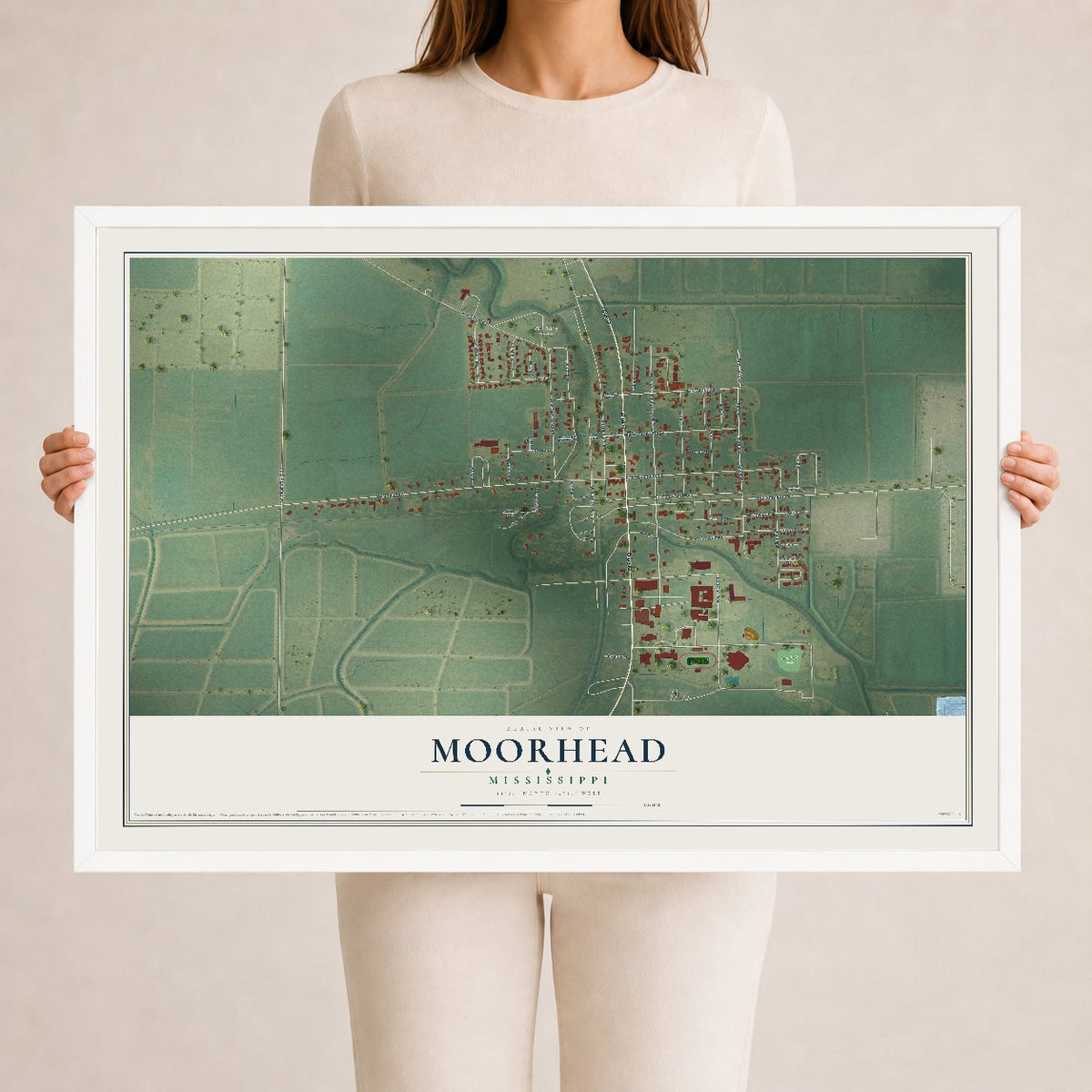 Map of Moorhead, Mississippi, 24 x 36 inch print in a white wood frame