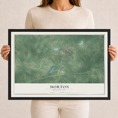 Map of Morton, Mississippi, 12 x 18 inch print in a black wood frame