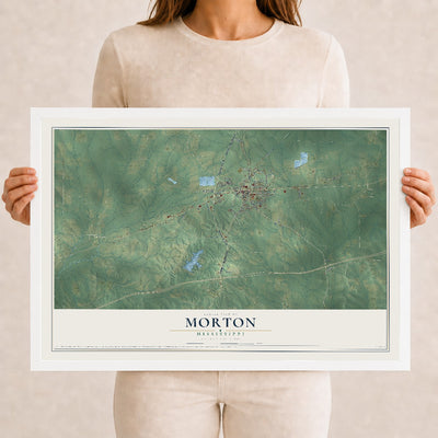 Map of Morton, Mississippi, 12 x 18 inch print in a white wood frame