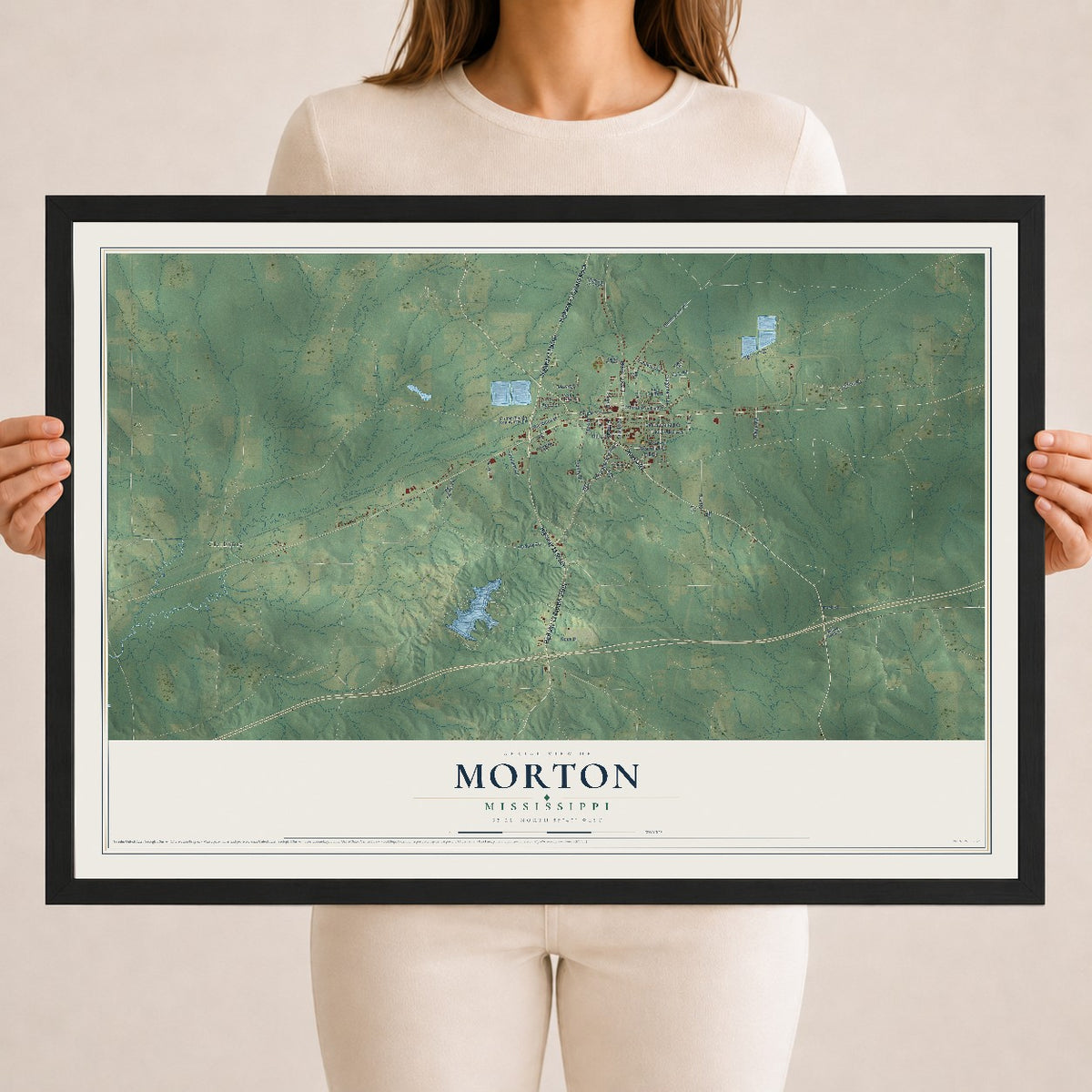 Map of Morton, Mississippi, 18 x 24 inch print in a black wood frame