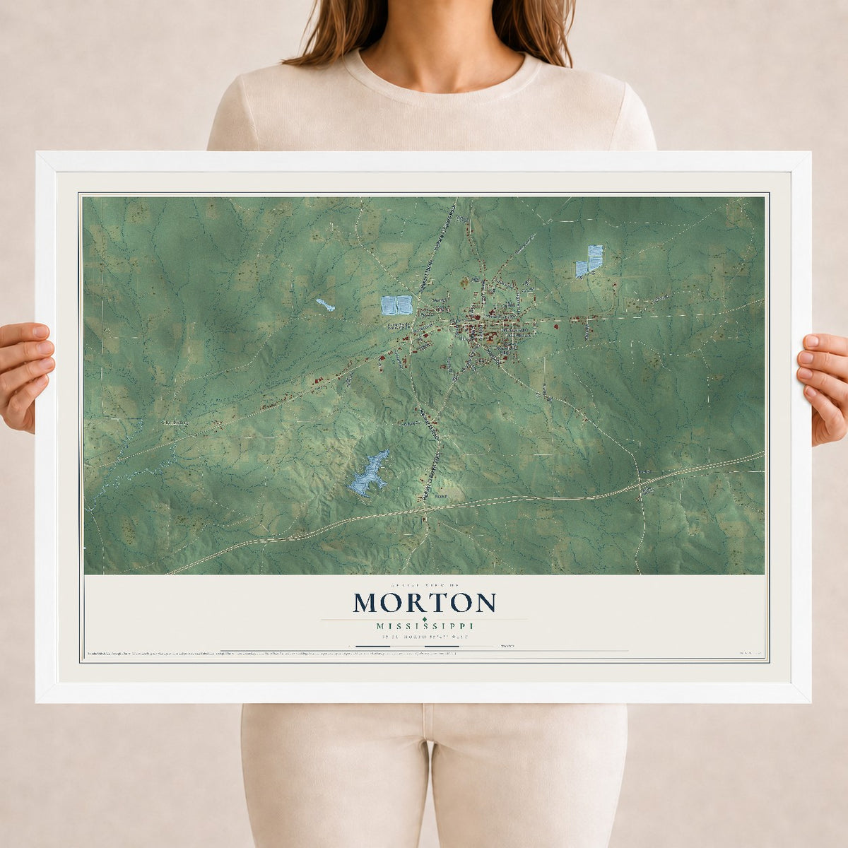 Map of Morton, Mississippi, 18 x 24 inch print in a white wood frame