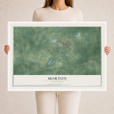 Map of Morton, Mississippi, 24 x 36 inch print in a white wood frame