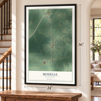 Moselle, Mississippi map, 24 x 36 inch print in a black frame by a staircase